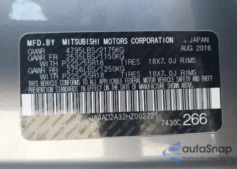 2017 Mitsubishi Outlander Es from USA, damaged, VIN JA4AD2A32HZ002721